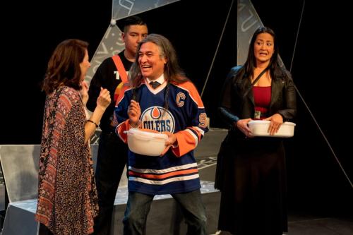 (From left to right) Anita Wittenberg as Ashley Manning, Braiden Houle as Windwalker, Jonathan Fisher as Deneyu _ Cheri Maracle as Ts_ekwi in WHITE NOISE_ photo by Moonrider Productions