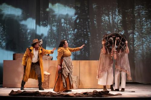 L to R - Aren Okemaysim as Napew, Krystle Pederson (ensemble), Tai Amy Grauman as Iskwewo, Rebecca Sadowski and Cole Alvis (buffalo) in OU USED TO CALL ME MARIE...photo by Emily Cooper