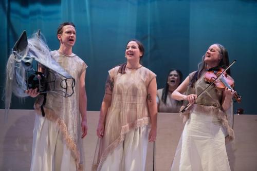 L to R - Cole Alvis as Mistatim, Rebecca Sadowski, Krystle Pederson (in background)  Kathleen Nisbet on fiddle in YOU USED TO CALL ME MARIE...photo by Emily Cooper