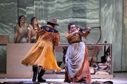 L to R - Rebecca Sadowski, Krystle Pederson, Aren Okemaysim as Napew, Tai Amy Grauman as Iskwewo in OU USED TO CALL ME MARIE...photo by Emily Cooper