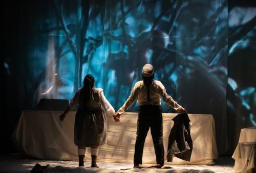 L to R - Tai Amy Grauman as Iskwewo  Aren Okemaysim as Napew in OU USED TO CALL ME MARIE...photo by Emily Cooper