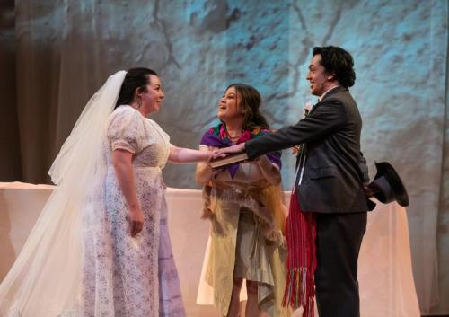 L to R - Tai Amy Grauman as Iskwewo, Krystle Pederson (ensemble)  Aren Okemaysim as Napew in YOU USED TO CALL ME MARIE...photo by Emily Cooper