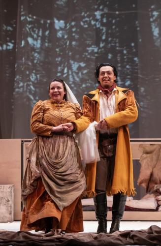 Tai Amy Grauman as Iskwewo and Aren Okemaysim as Napew in OU USED TO CALL ME MARIE...photo by Emily Cooper